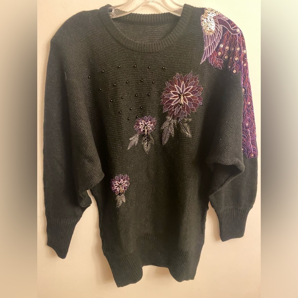 Vintage 80’s Medium Peacock Sweater Dolmen Sleeves